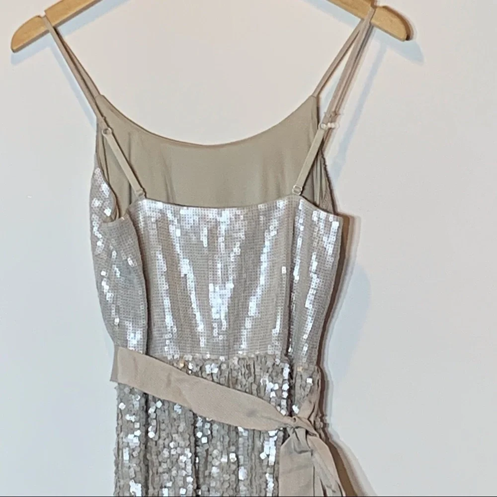 EUC Express Sequin Embellished Adjustable Spaghetti‎ Strap Cream and Tan Dress